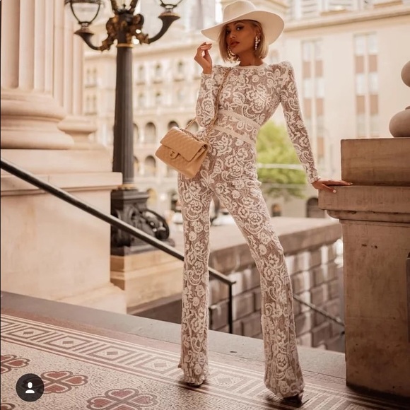 Lena Vie Boutique Pants - Bella Erá White Ecru Jumpsuit In Embroidered Lace